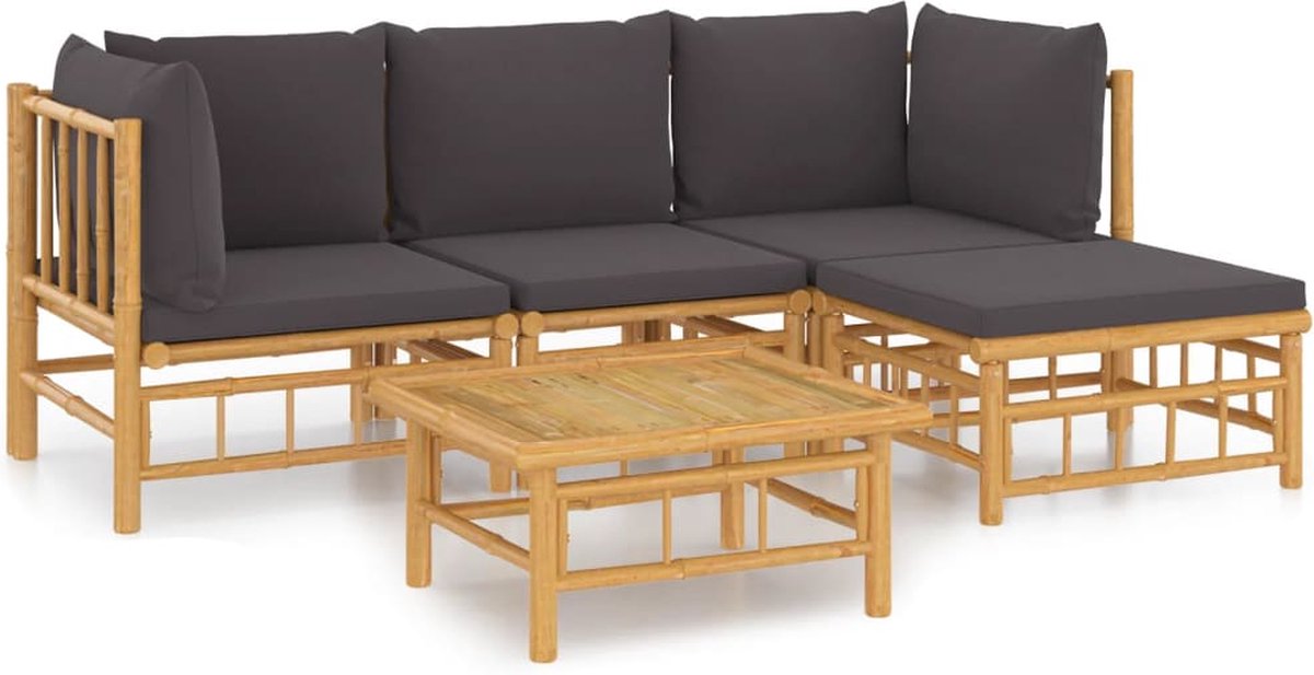 vidaXL 5-delige - Loungeset - met - kussens - bamboe - donkergrijs