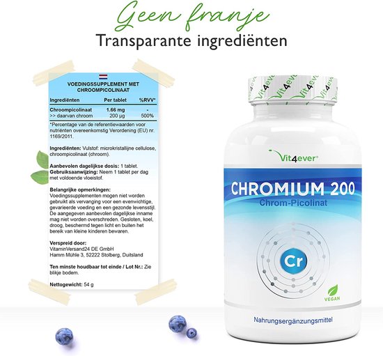 Chromium Picolinate - 200 mcg zuiver chroom per tablet - 365 tabletten in jaarvoorraad - laboratoriumgetest (gehalte aan werkzame stoffen en zuiverheid) - zonder ongewenste toevoegingen - hoge dosering - veganistisch - Vit4ever - Vit4ever