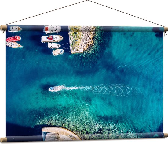 Textielposter - Bovenaanzicht Boten in de Blauwe Haven - 90x60 cm Foto op Textiel