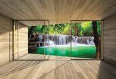 Fotobehang Window Forest Waterfall Lake Nature | XXXL - 416cm x 254cm | 130g/m2 Vlies