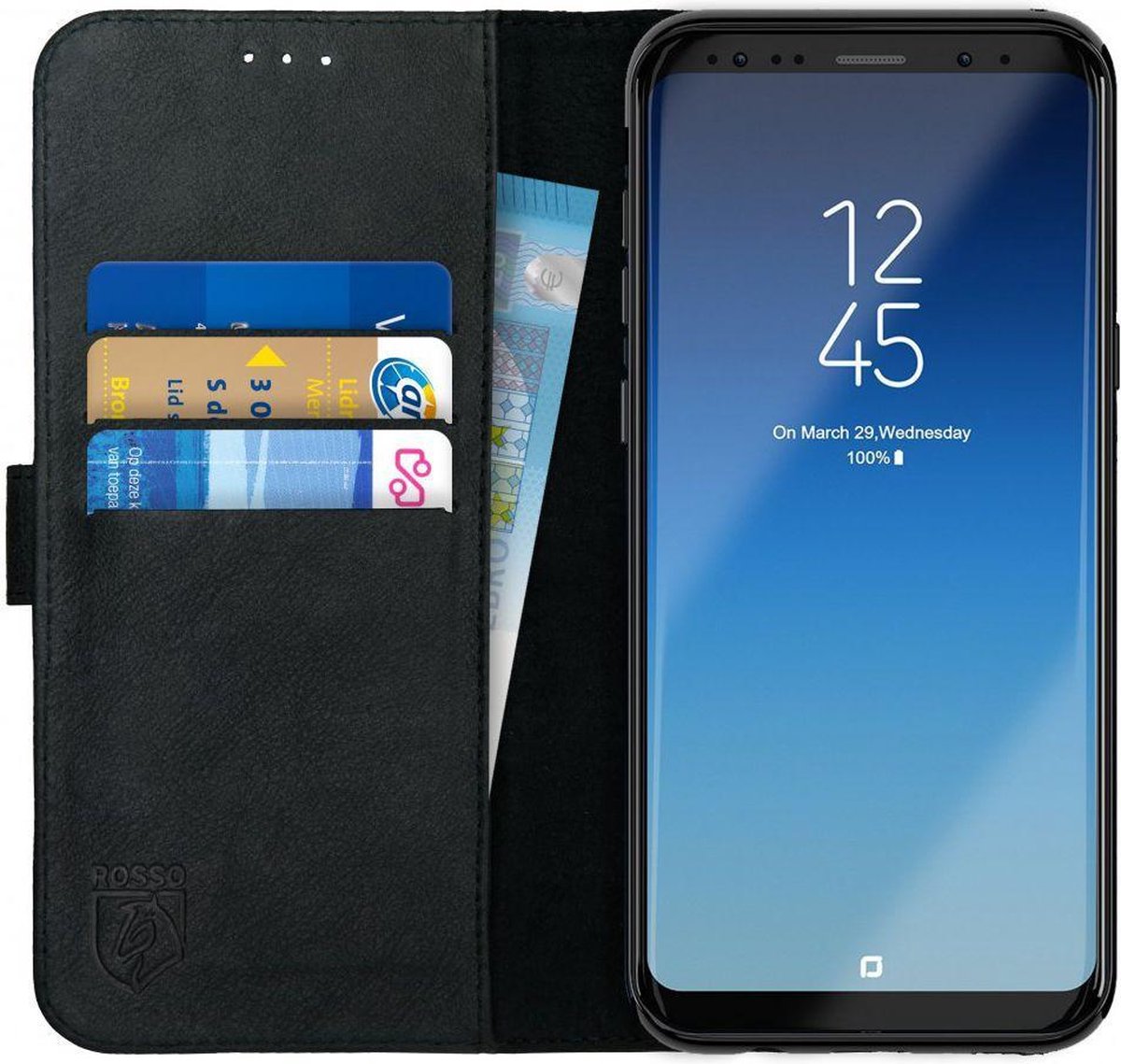 Rosso Deluxe Echt Leer Book Case Hoesje Geschikt voor Samsung Galaxy S8 Plus | Ruimte voor drie pasjes | Portemonnee Book Case | Met Pasjeshouder | Zwart