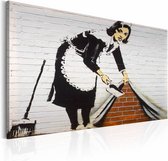 Schilderij - Banksy - Werkster , zwart wit , wanddecoratie , premium print op canvas