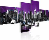 Schilderij - New York City - In de Nacht, Paars, 4luik, premium print