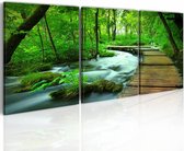 Schilderij - Pad door het Bos IV, 3luik, 120x40cm , groen bruin , premium print op canvas