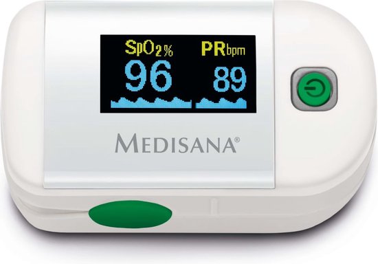 Witte medisana pulsoximeter met groen accent en een digitaal scherm dat 96 en 89 aangeeft.