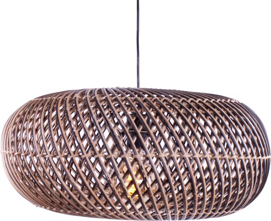 Suspension en rotin Stripes | 1 lumière | noir / naturel | rotin / métal | 60cm | hauteur réglable jusqu'à 150 cm | salle à manger / table à manger / lampe de salon | design moderne / champêtre