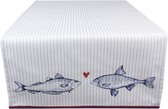 HAES DECO - Tafelloper - formaat 50x140 cm - kleuren Wit / Blauw / Rood - van 100% Katoen - Collectie: Sun Sea & Fish - Tafellaken, Tafellinnen, Tafeltextiel