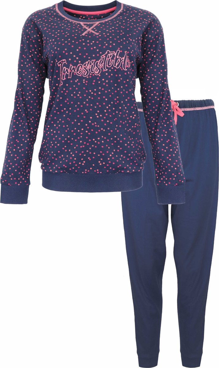 Irresistible Dames Pyjama - Katoen - Roze Stippen - Donker Blauw