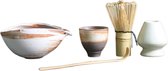 Winkrs - Matcha Thee set met bamboe garde & theelepel met een houder van keramiek - Matcha Klopper/Whisk - Japanse Theeceremonie - Handmade Glaze White