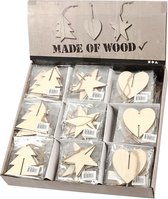 3D decoraties van hout. hart. ster en boom. afm 7.5x7.5x0.2 cm. 3x30 stuk/ 1 doos
