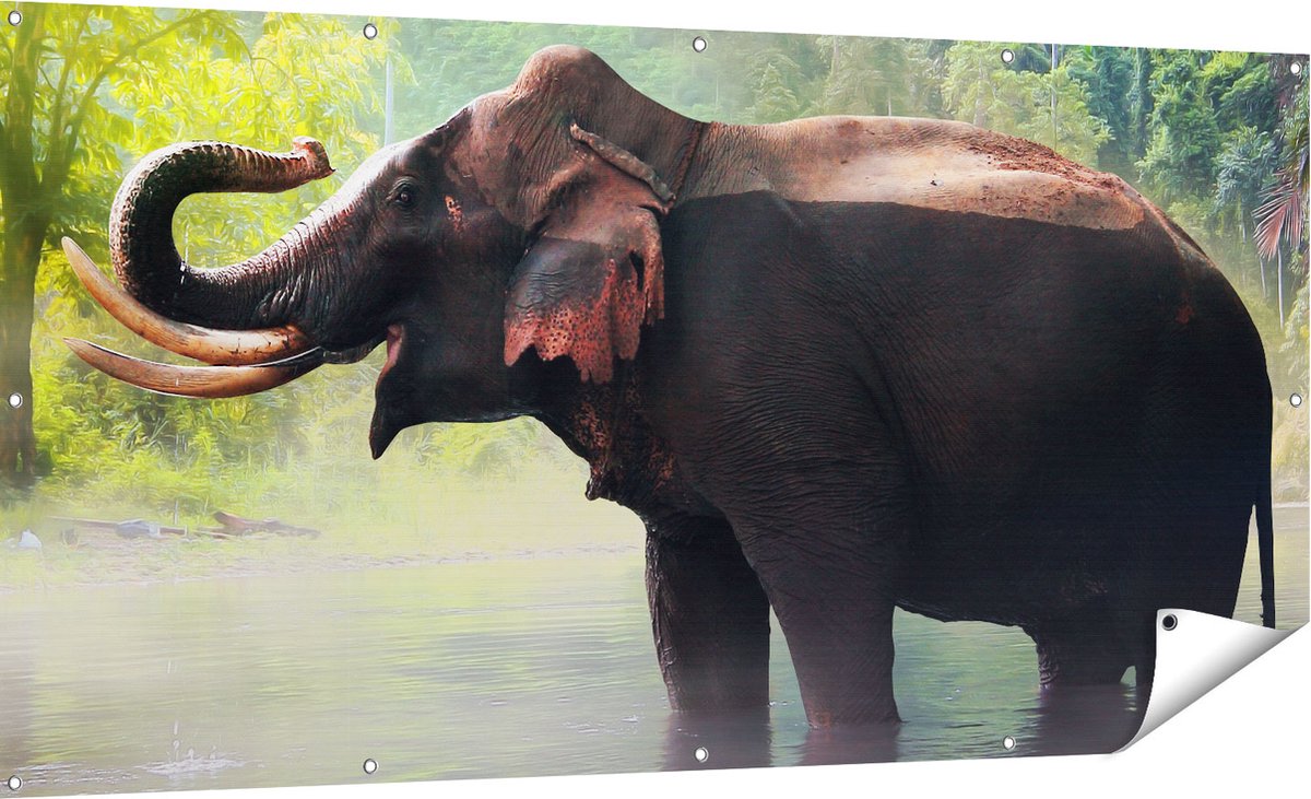 Gards Tuinposter Olifant in het Water - 180x90 cm - Tuindoek - Tuindecoratie - Wanddecoratie buiten - Tuinschilderij Multikleur