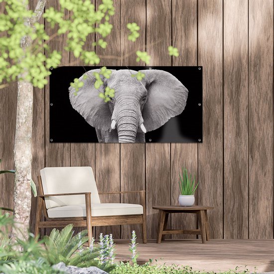 Gards Tuinposter Olifant - Zwart Wit - 120x60 cm - Tuindoek - Tuindecoratie - Wanddecoratie buiten - Tuinschilderij