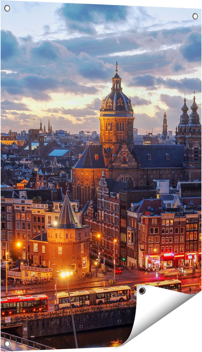 Gards Tuinposter Amsterdam Centrum Luchtfoto Zonsondergang - 60x90 cm - Tuindoek - Tuindecoratie - Wanddecoratie buiten - Tuinschilderij Multikleur