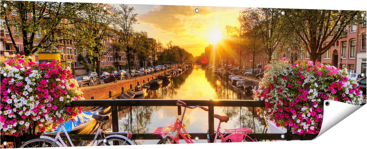 Gards Tuinposter Amsterdamse Brug met Zonsopgang - 180x60 cm - Tuindoek - Tuindecoratie - Wanddecoratie buiten - Tuinschilderij Multikleur