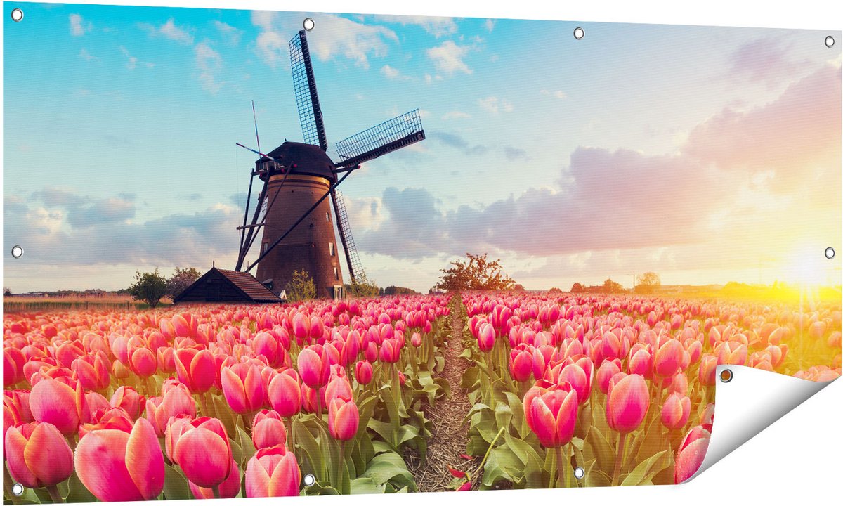 Gards Tuinposter Roze Tulpen Bloemenveld - met Windmolen - 140x70 cm - Tuindoek - Tuindecoratie - Wanddecoratie buiten - Tuinschilderij Multikleur