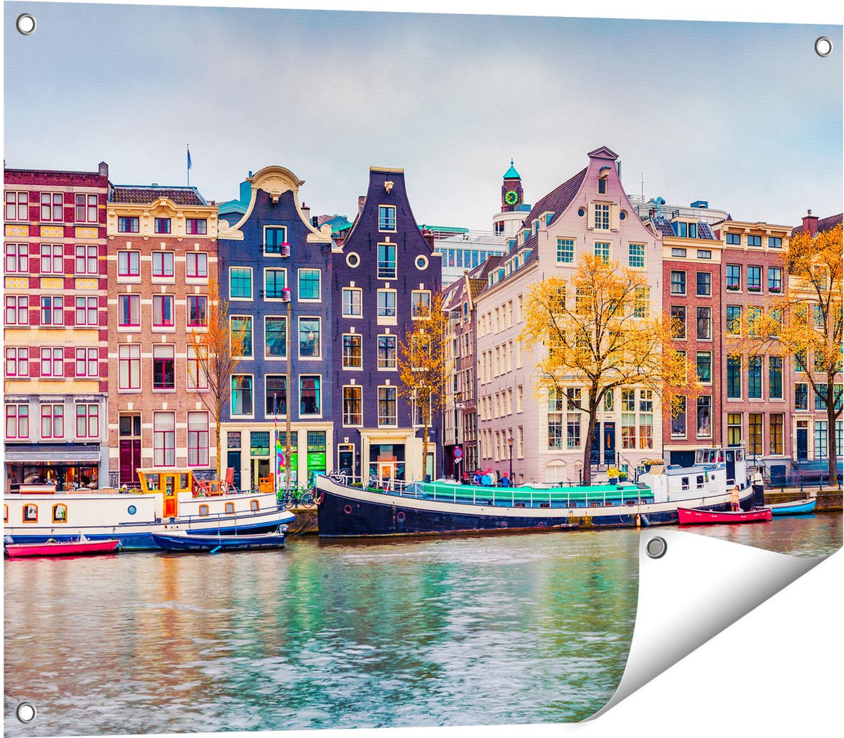 Gards Tuinposter Amsterdamse Huisjes vanaf de Gracht - 80x60 cm - Tuindoek - Tuindecoratie - Wanddecoratie buiten - Tuinschilderij Multikleur