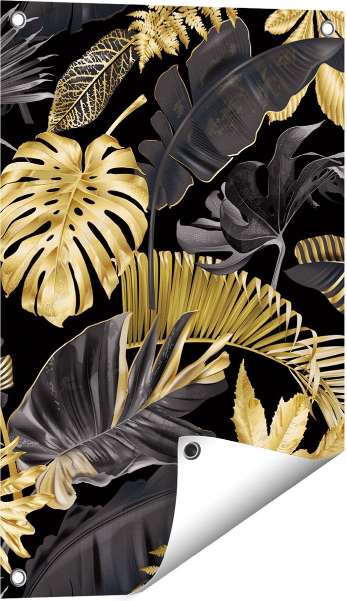 Gards Tuinposter Gouden Tropische Bladeren - 40x60 cm - Tuindoek - Tuindecoratie - Wanddecoratie buiten - Tuinschilderij Multikleur