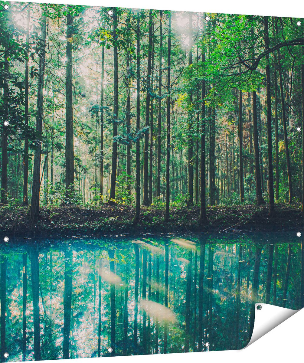 Gards Tuinposter Bos bij een Groen Meer - 120x120 cm - Tuindoek - Tuindecoratie - Wanddecoratie buiten - Tuinschilderij Multikleur