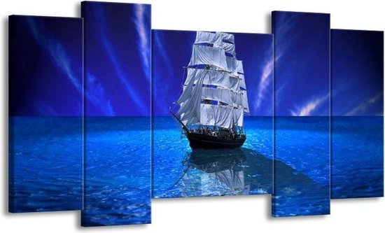 GroepArt - Schilderij - Zeilboot - Blauw, Wit, Zwart - 120x65 5Luik - Foto Op Canvas - GroepArt 6000+ Schilderijen 0p Canvas Art Collectie - Wanddecoratie