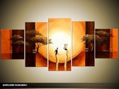 Schilderij -  Afrika - Bruin, Geel - 150x70cm 5Luik - GroepArt - Handgeschilderd Schilderij - Canvas Schilderij - Wanddecoratie - Woonkamer - Slaapkamer - Geschilderd Door Onze Kunstenaars 2000+Collectie Maatwerk Mogelijk