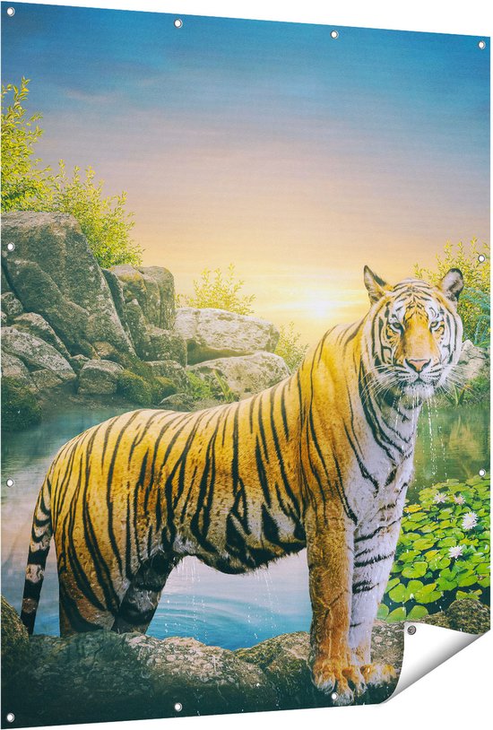 Gards Tuinposter Luipaard in een Vijver bij Zonsondergang - 120x150 cm - Tuindoek - Tuindecoratie - Wanddecoratie buiten - Tuinschilderij