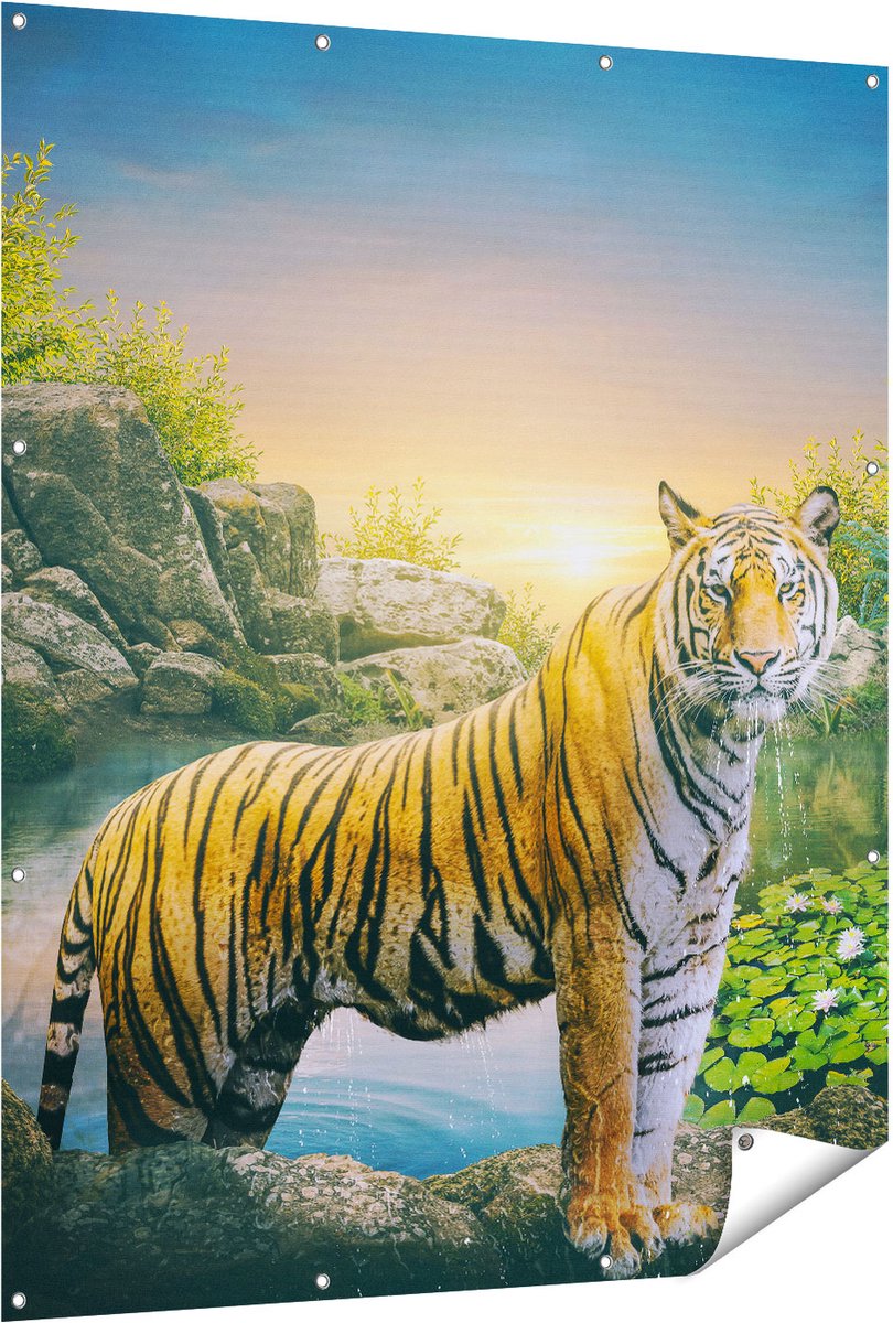 Gards Tuinposter Luipaard in een Vijver bij Zonsondergang - 120x150 cm - Tuindoek - Tuindecoratie - Wanddecoratie buiten - Tuinschilderij Multikleur
