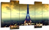 GroepArt - Schilderij - Eiffeltoren - Blauw, Geel, Grijs - 120x65 5Luik - Foto Op Canvas - GroepArt 6000+ Schilderijen 0p Canvas Art Collectie - Wanddecoratie