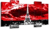 GroepArt - Schilderij - Eiffeltoren - Grijs, Rood, Zwart - 120x65 5Luik - Foto Op Canvas - GroepArt 6000+ Schilderijen 0p Canvas Art Collectie - Wanddecoratie