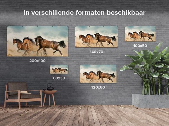 Affiche de jardin Gards Trois Paarden bruns - 80x40 cm - Toile de jardin - Décoration de jardin - Décoration murale extérieure - Peinture de jardin