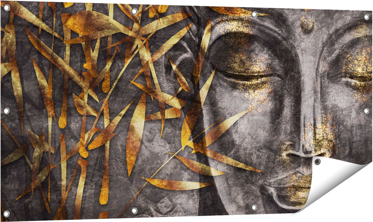 Gards Tuinposter Gouden Boeddha van Aquarel - Abstract - 120x60 cm - Tuindoek - Tuindecoratie - Wanddecoratie buiten - Tuinschilderij Multikleur