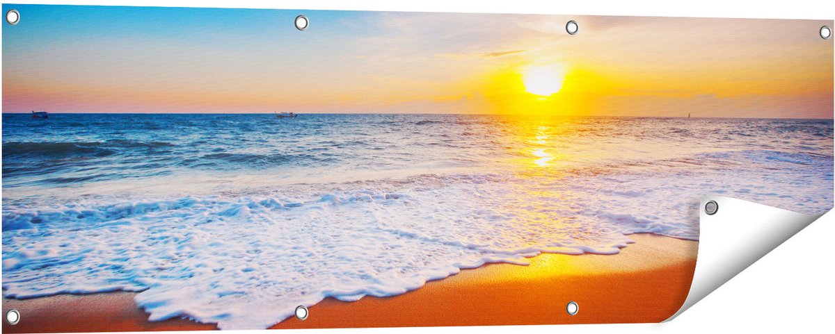 Gards Tuinposter Strand en Zee tijdens Zonsondergang - 120x40 cm - Tuindoek - Tuindecoratie - Wanddecoratie buiten - Tuinschilderij Multikleur