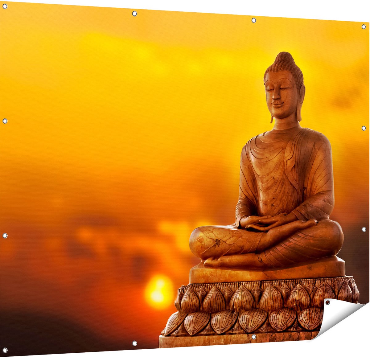 Gards Tuinposter Boeddha Standbeeld bij Zonsondergang - 150x120 cm - Tuindoek - Tuindecoratie - Wanddecoratie buiten - Tuinschilderij Multikleur