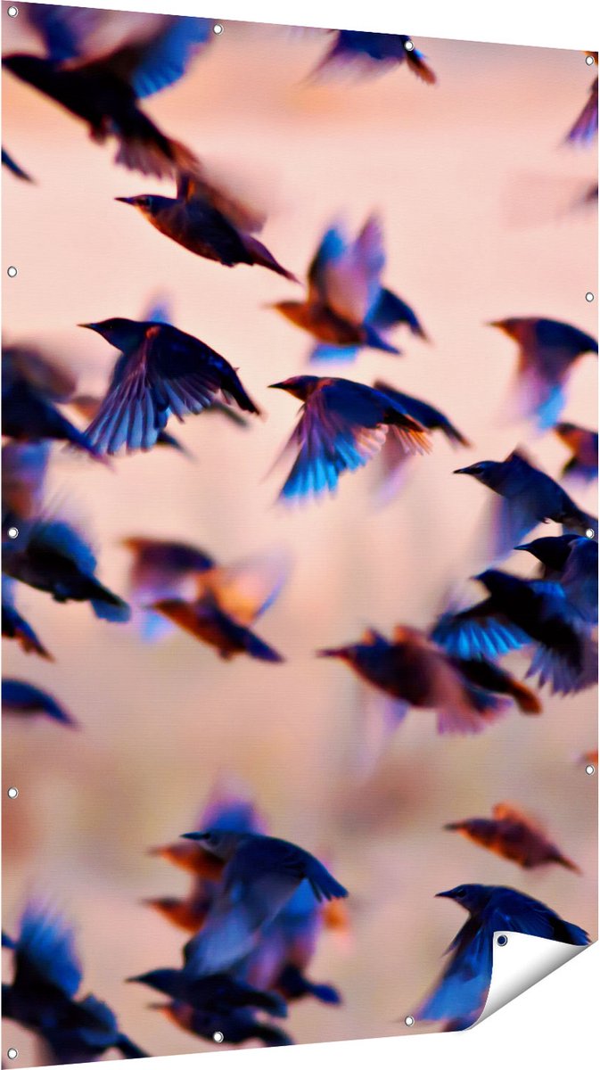 Gards Tuinposter Groep Vliegende Blauwe Spreeuw Vogels - 120x180 cm - Tuindoek - Tuindecoratie - Wanddecoratie buiten - Tuinschilderij Multikleur
