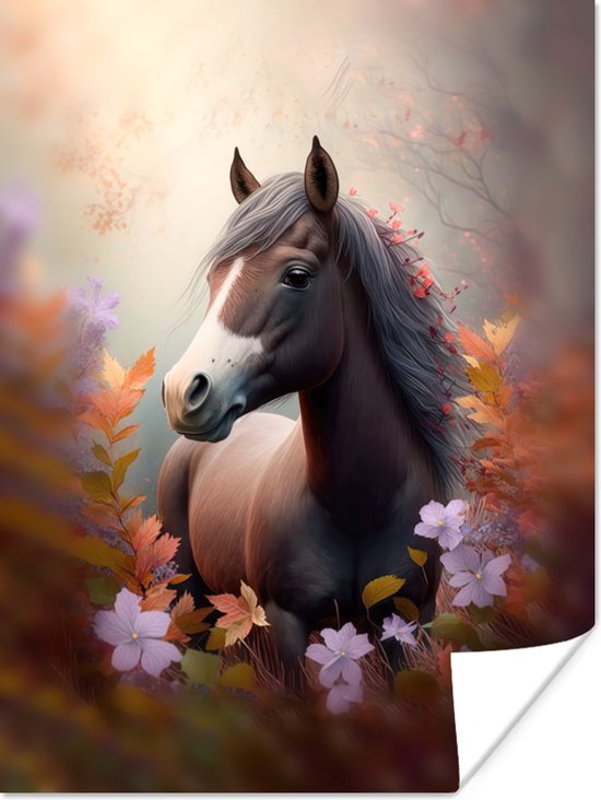 Poster Paard - Bloemen - Natuur - Paars - Dieren - 60x80 cm