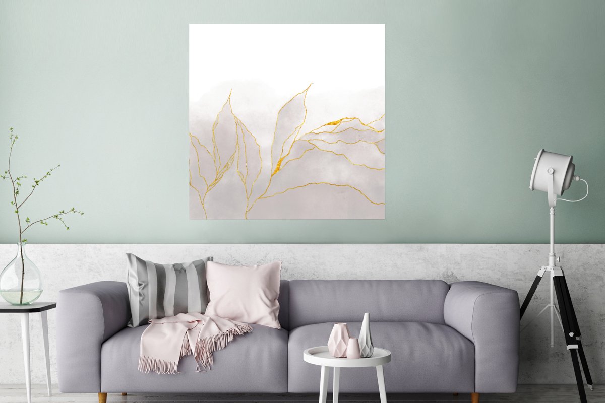 Poster Marmerlook - Grijs - Goud - Chic - Marmer - 75x75 cm