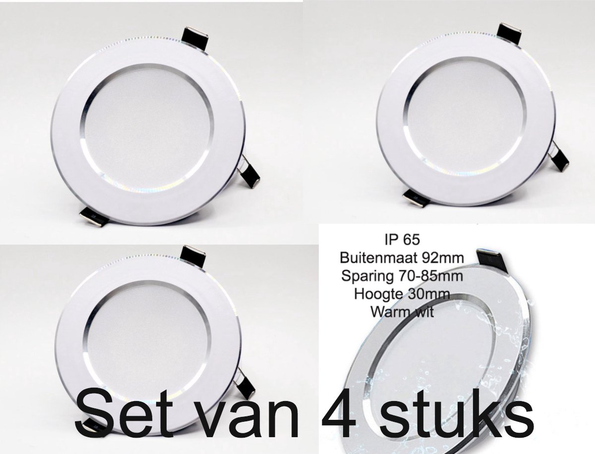 Spatwaterdichte Led Inbouwspot set van 4 stuks– Warm Wit Licht 3000K – IP65 Geschikt voor Badkamer, Buiten, Gang of Woonkamer – 92mm Buitenmaat, 70-85mm Sparing