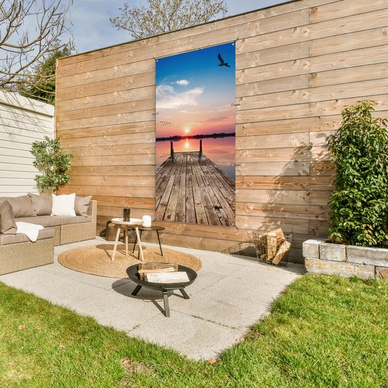 Tuinposter 80x160 cm - Tuindecoratie Steiger - Water - Zonsondergang - Roze - Horizon - Poster voor in de tuin - Buiten decoratie - Schutting tuinschilderij - Tuindoek muurdecoratie - Wanddecoratie balkondoek