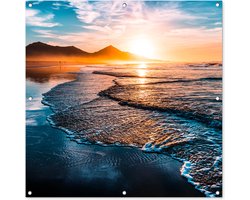 Tuindoek Zonsondergang - Zee - Berg - Horizon - Landschap - Blauw - 100x100 cm