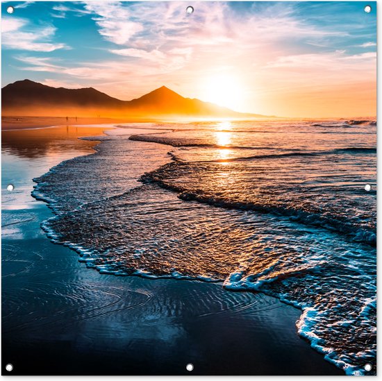 Tuindoek Zonsondergang - Zee - Berg - Horizon - Landschap - Blauw - 100x100 cm
