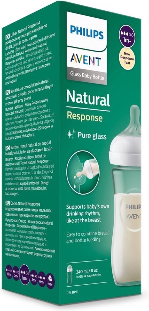 Philips AVENT Babyflasche Natural Response SCY933/02, 2 Stück, 240ml, Glas,  ab dem 1. Monat