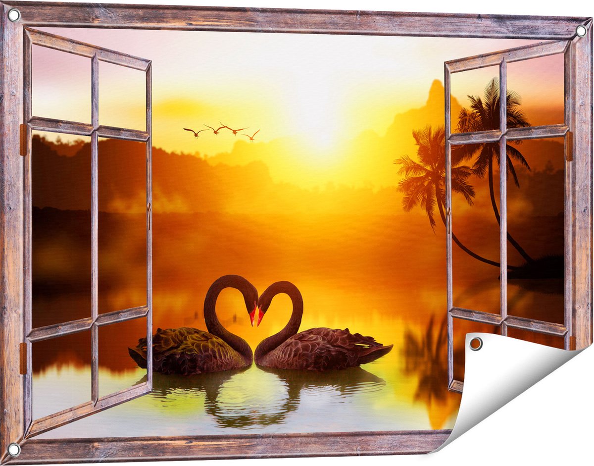Gards Tuinposter Doorkijk Twee Zwarte Zwanen in een Hart Vorm - 90x60 cm - Tuindoek - Tuindecoratie - Wanddecoratie buiten - Tuinschilderij Bruin