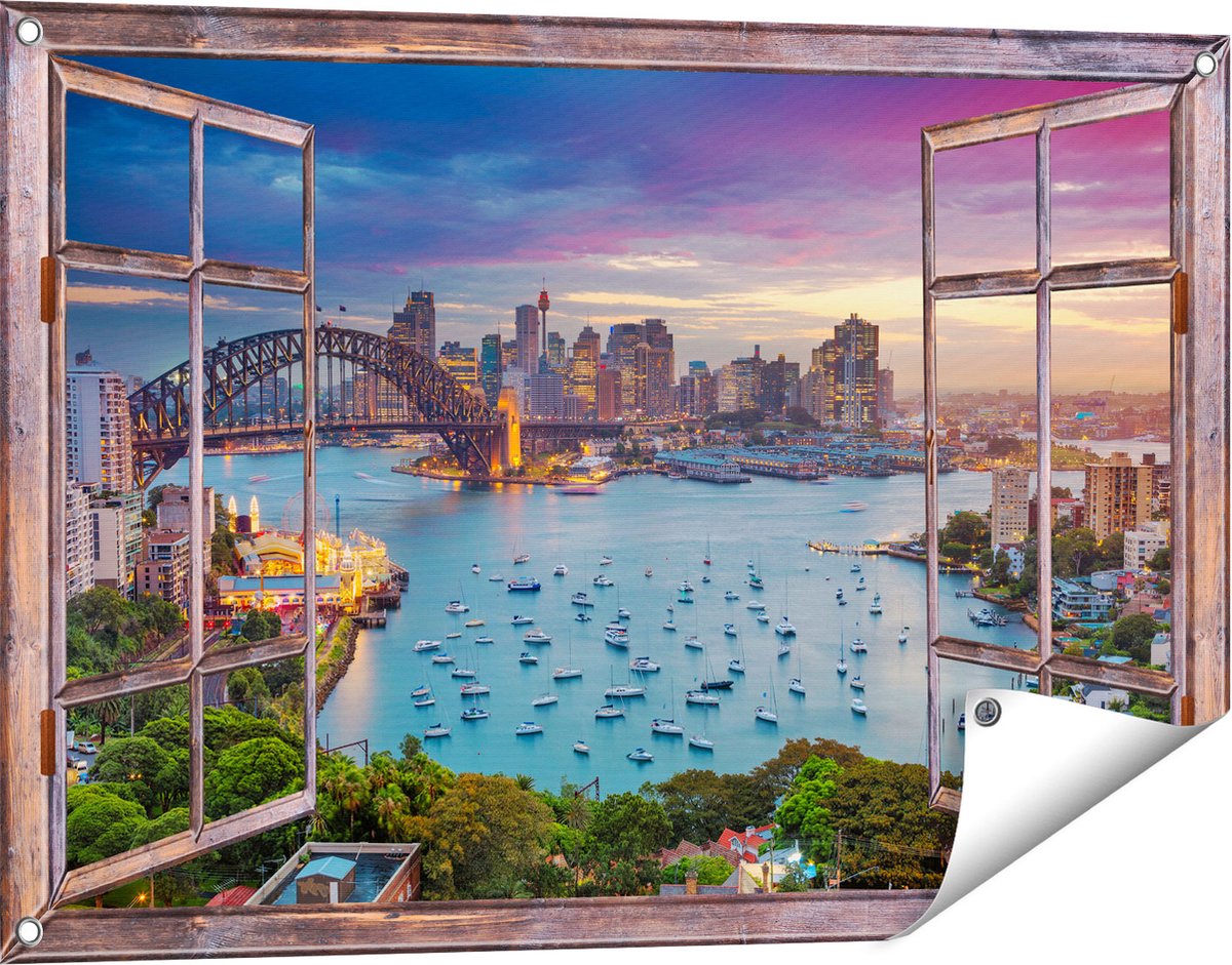 Gards Tuinposter Doorkijk Sydney Harbour Bridge in de Avond - 90x60 cm - Tuindoek - Tuindecoratie - Wanddecoratie buiten - Tuinschilderij Bruin