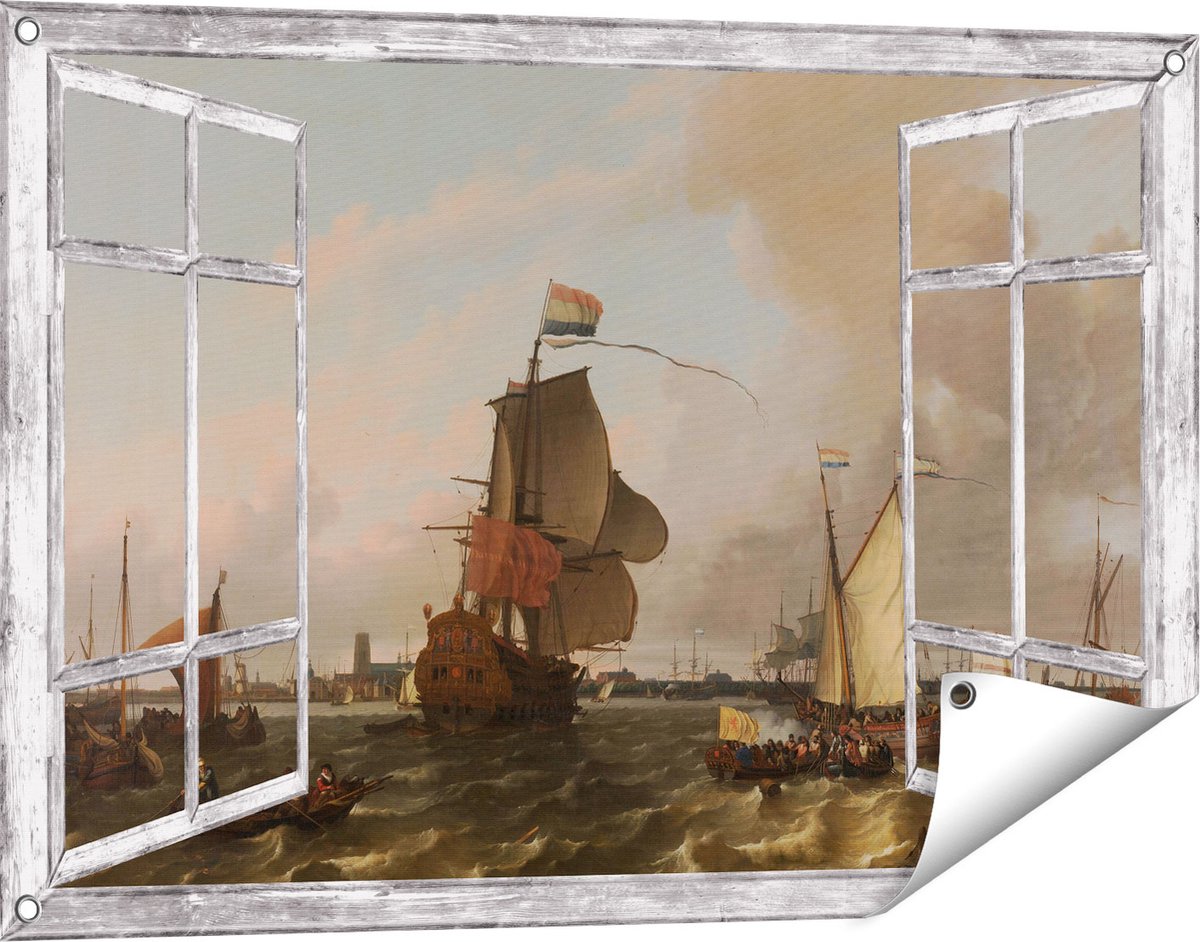 Gards Tuinposter Doorkijk Het Oorlogsschip Brielle op de Maas voor Rotterdam - Ludolf Bakhuysen - 90x60 cm - Tuindoek - Tuindecoratie - Wanddecoratie buiten - Tuinschilderij Grijs