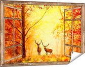 Gards Tuinposter Doorkijk Getekende Herten in het Bos - Herfst - 120x80 cm - Tuindoek - Tuindecoratie - Wanddecoratie buiten - Tuinschilderij