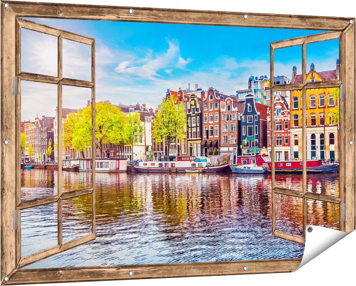 Gards Tuinposter Doorkijk Amsterdamse Huisjes aan het Water - 150x100 cm - Tuindoek - Tuindecoratie - Wanddecoratie buiten - Tuinschilderij licht bruin