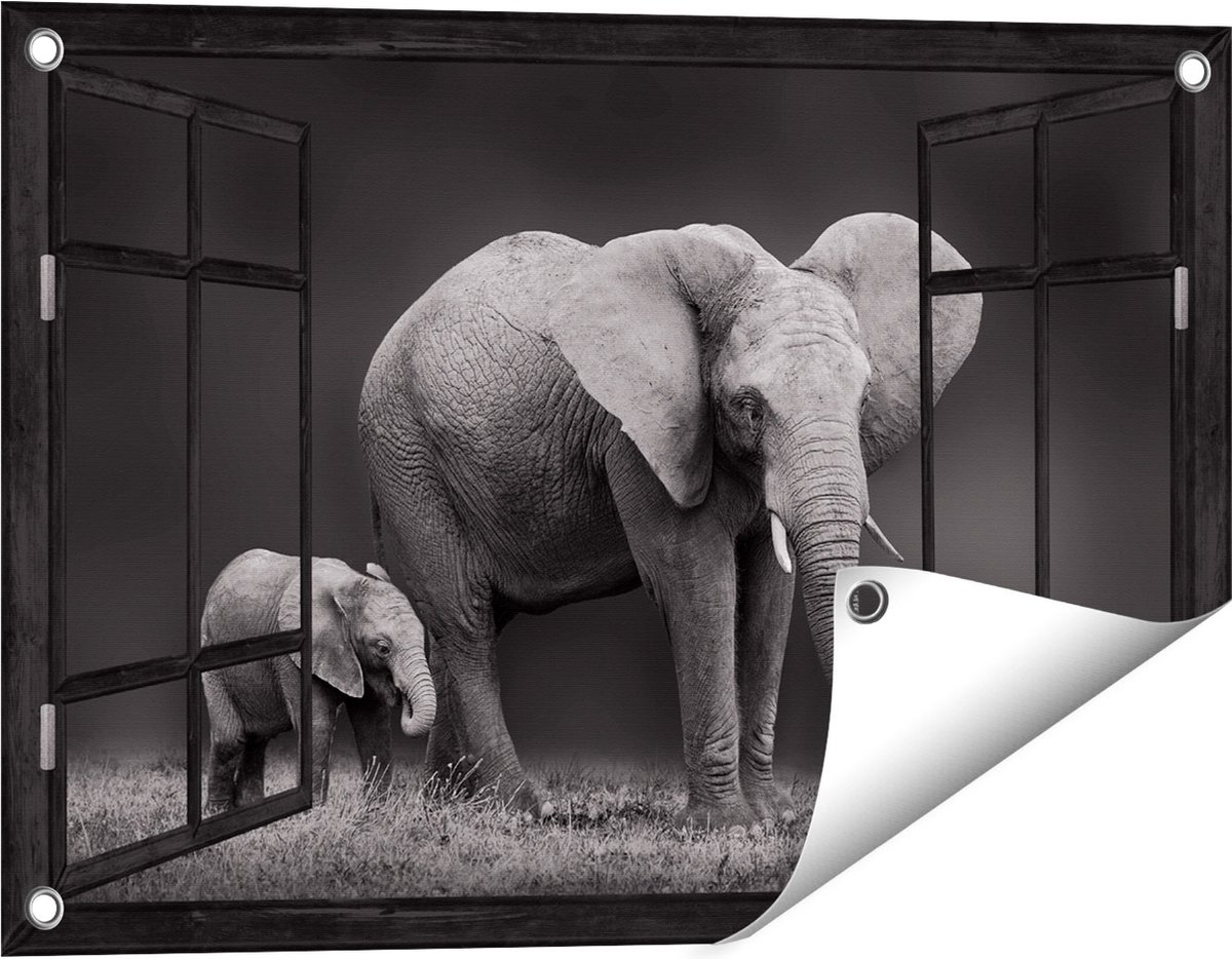 Gards Tuinposter Doorkijk Olifant Moeder en Zoon - Zwart Wit - 60x40 cm - Tuindoek - Tuindecoratie - Wanddecoratie buiten - Tuinschilderij
