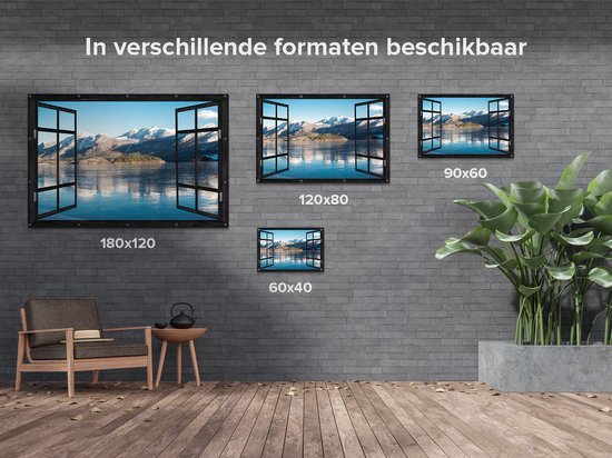Gards Tuinposter Doorkijk Meer bij het Bergen Landschap in Noorwegen - 120x80 cm - Tuindoek - Tuindecoratie - Wanddecoratie buiten - Tuinschilderij