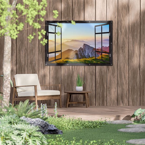 Gards Tuinposter Doorkijk Zonsopkomst in de Bergen in de Alpen - 120x80 cm - Tuindoek - Tuindecoratie - Wanddecoratie buiten - Tuinschilderij