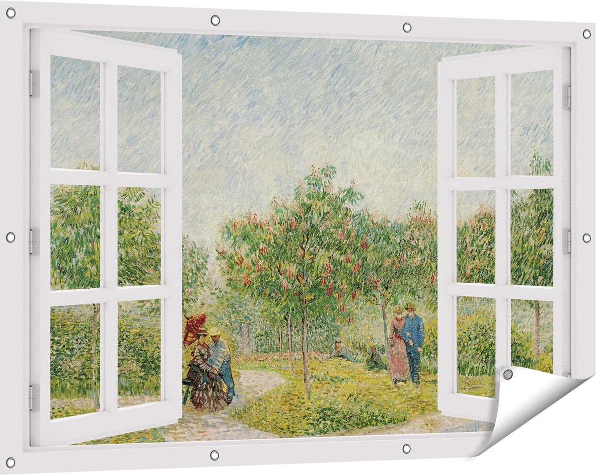 Gards Tuinposter Doorkijk Tuin met Geliefden - Vincent van Gogh - 120x80 cm - Tuindoek - Tuindecoratie - Wanddecoratie buiten - Tuinschilderij Wit