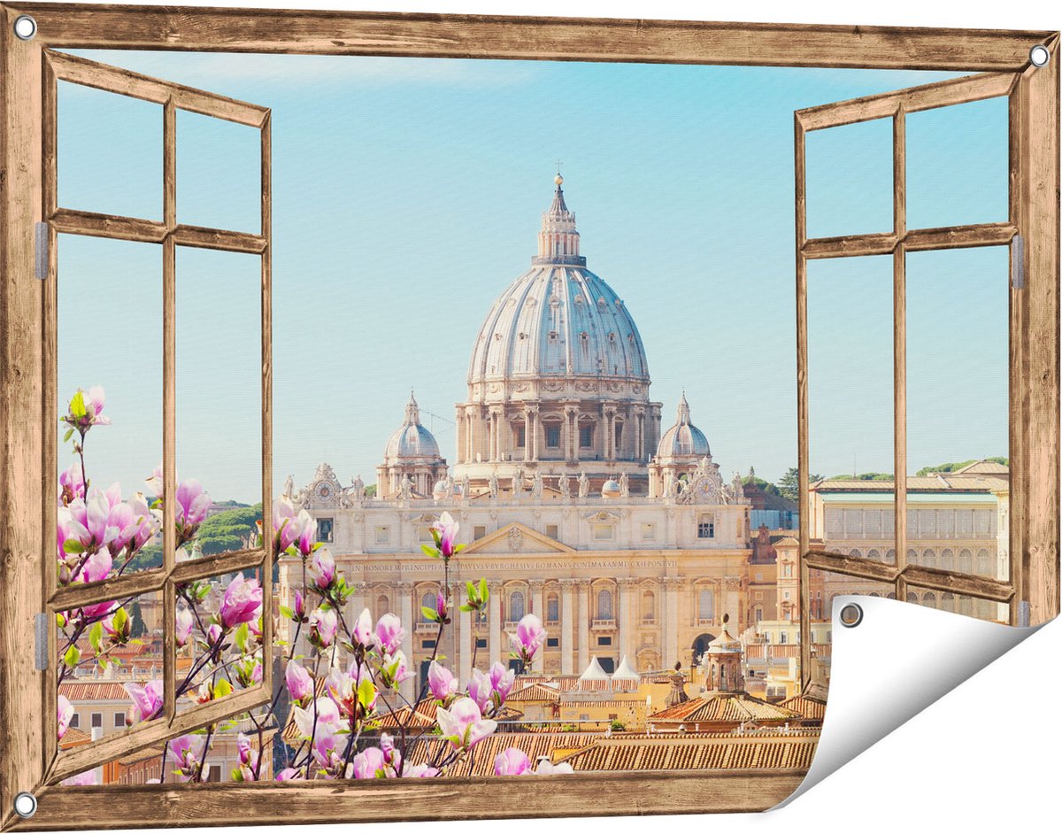 Gards Tuinposter Doorkijk Sint Pietersbasiliek in Rome met Bloemen - 90x60 cm - Tuindoek - Tuindecoratie - Wanddecoratie buiten - Tuinschilderij licht bruin